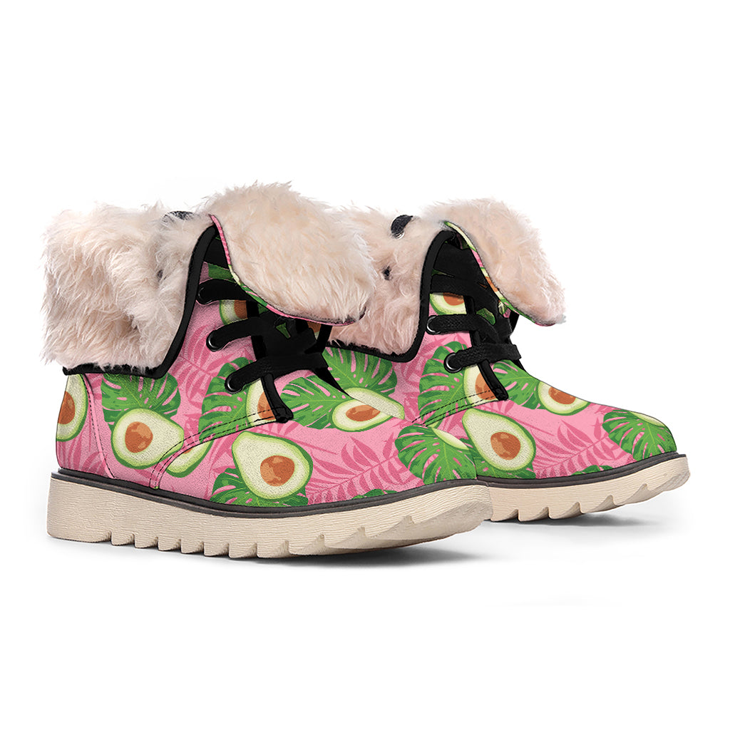 Pink Palm Leaf Avocado Print Winter Boots