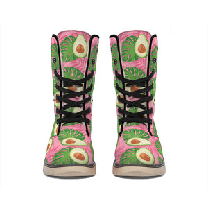 Pink Palm Leaf Avocado Print Winter Boots