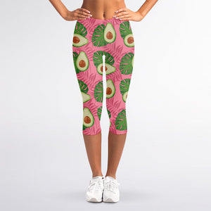 Pink Palm Leaf Avocado Print Women's Capri Leggings