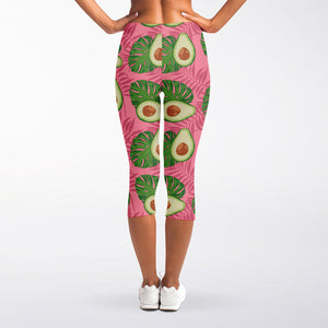 Pink Palm Leaf Avocado Print Women's Capri Leggings