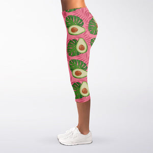 Pink Palm Leaf Avocado Print Women's Capri Leggings