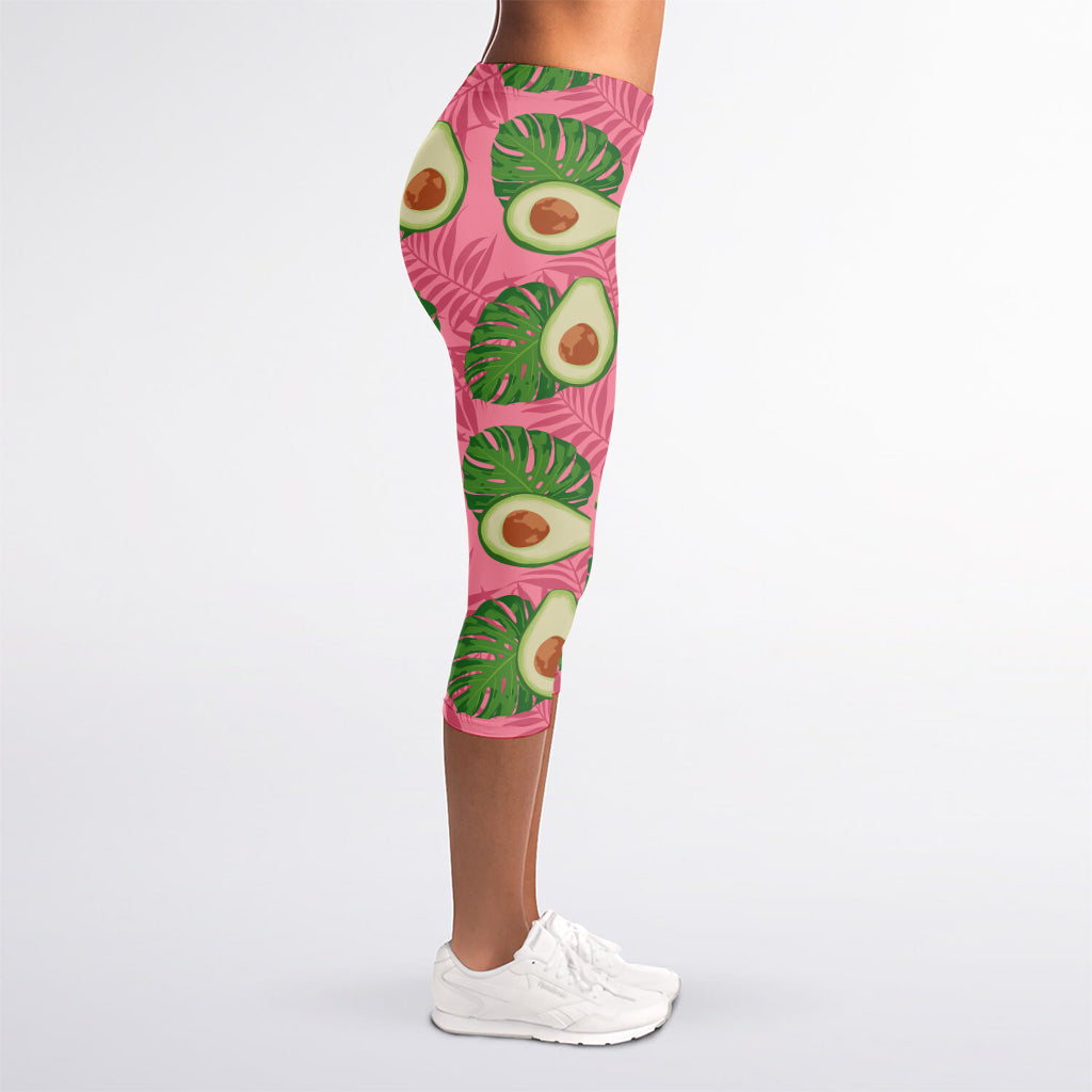 Pink Palm Leaf Avocado Print Women's Capri Leggings