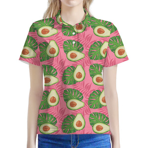 Pink Palm Leaf Avocado Print Women's Polo Shirt