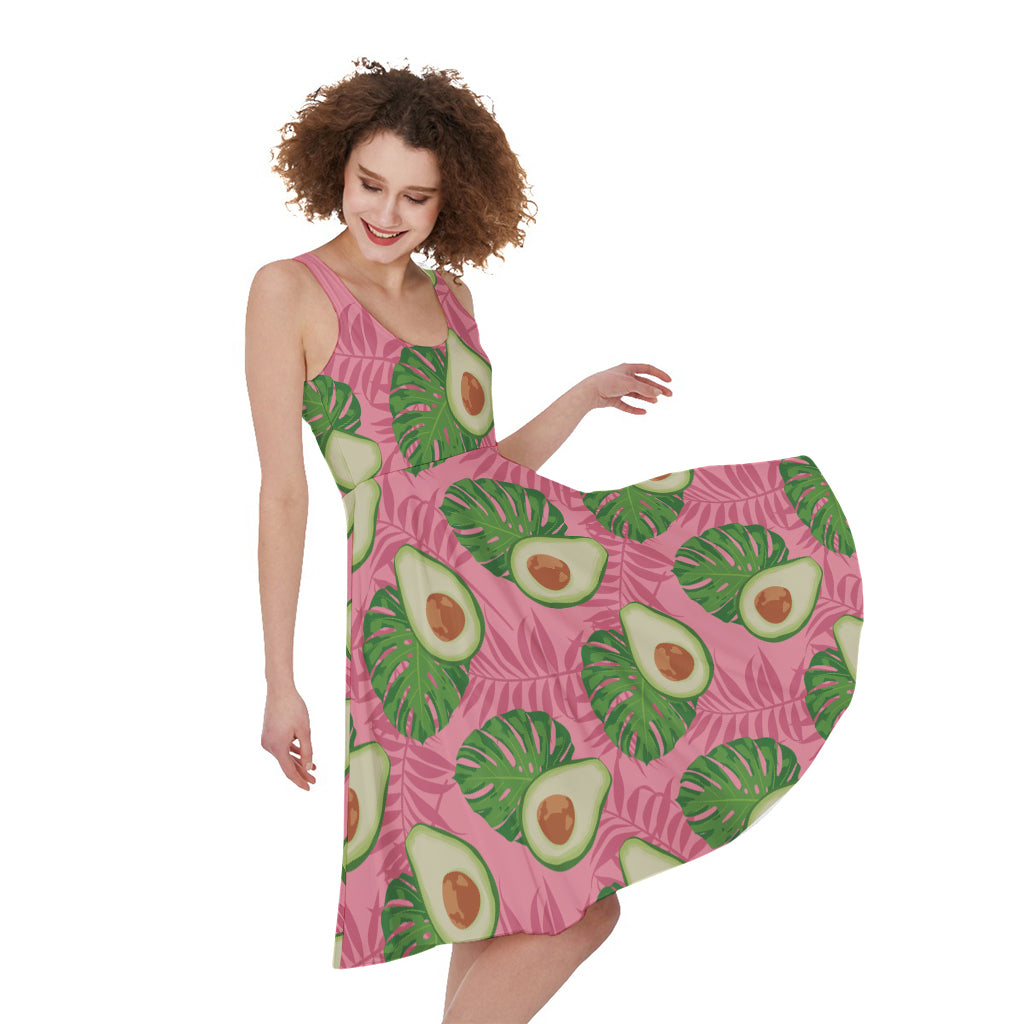 Pink Palm Leaf Avocado Print Women's Sleeveless Dress