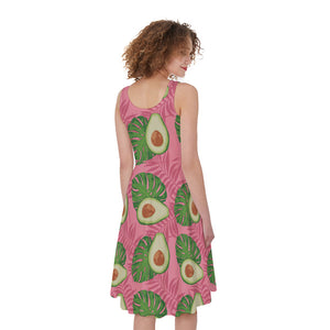 Pink Palm Leaf Avocado Print Women's Sleeveless Dress