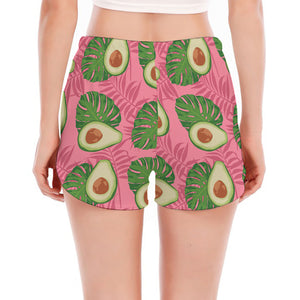 Pink Palm Leaf Avocado Print Women's Split Running Shorts