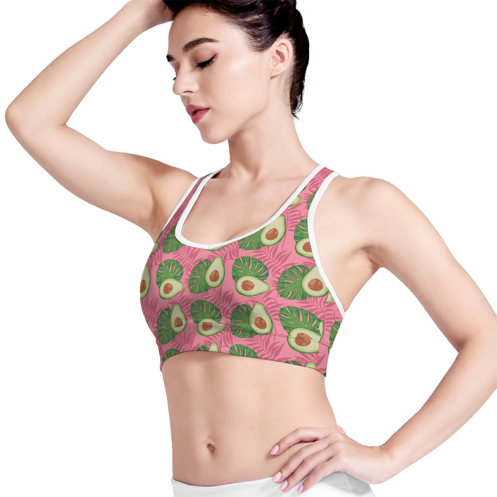 Pink Palm Leaf Avocado Print Women's Sports Bra