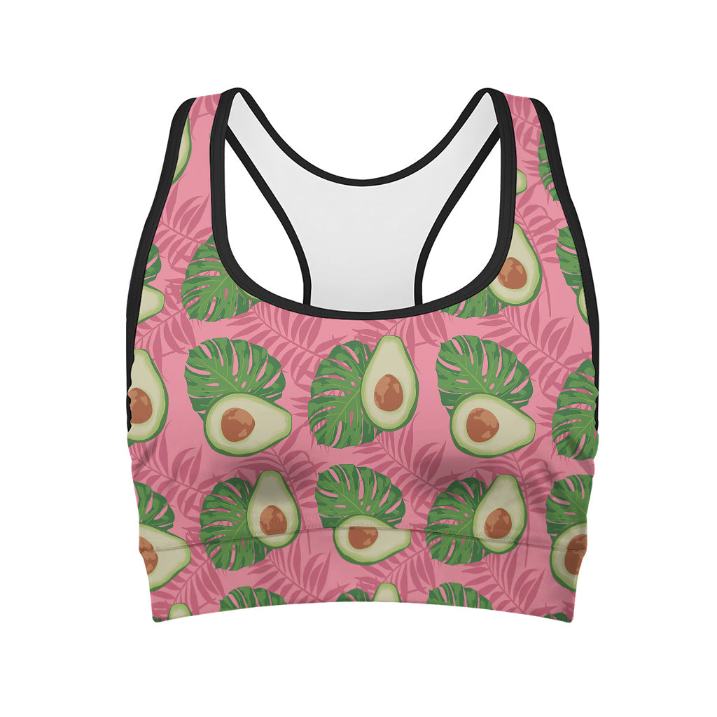 Pink Palm Leaf Avocado Print Women's Sports Bra