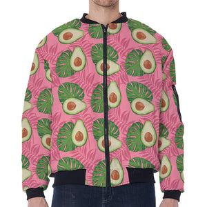 Pink Palm Leaf Avocado Print Zip Sleeve Bomber Jacket