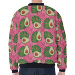 Pink Palm Leaf Avocado Print Zip Sleeve Bomber Jacket