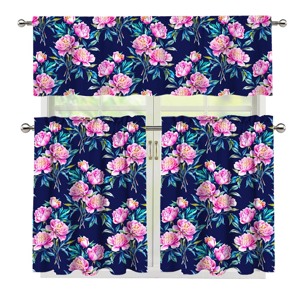 Pink Peony Floral Flower Pattern Print 3 Piece Kitchen Curtains