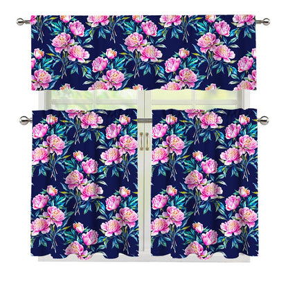 Pink Peony Floral Flower Pattern Print 3 Piece Kitchen Curtains