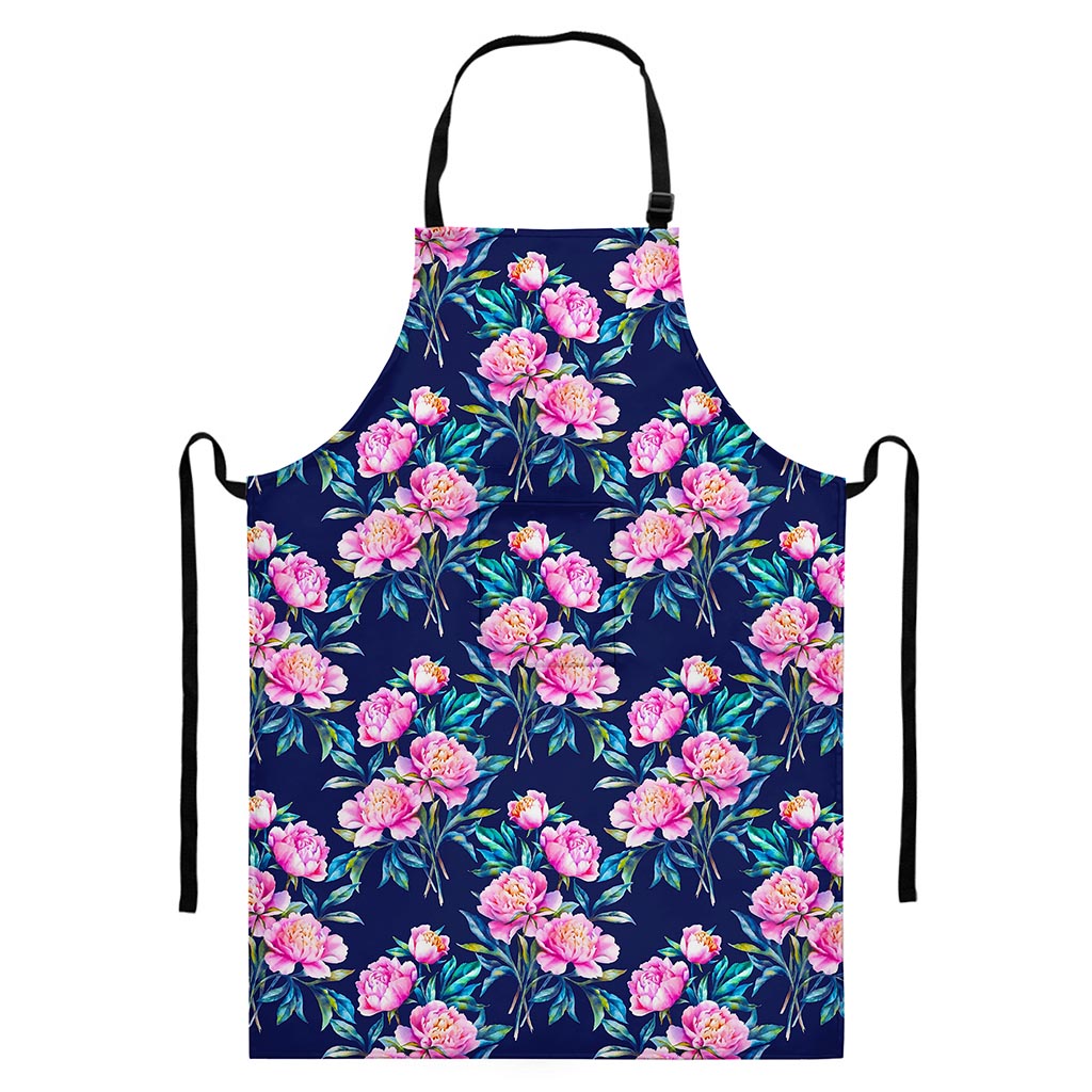 Pink Peony Floral Flower Pattern Print Bib Apron With Pocket