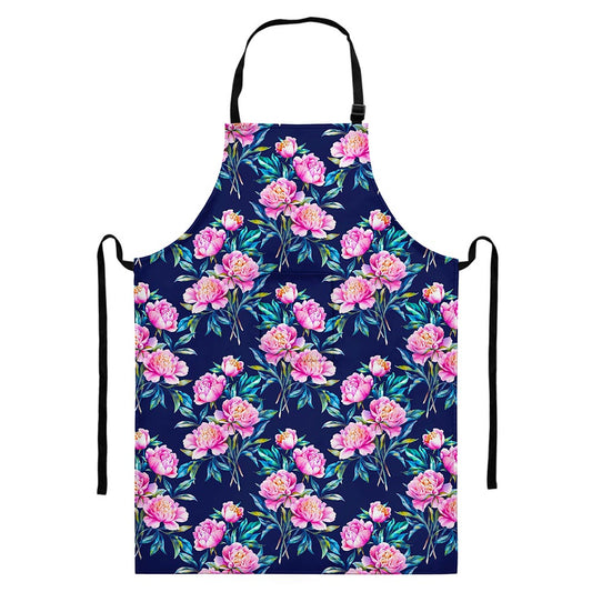 Pink Peony Floral Flower Pattern Print Bib Apron With Pocket