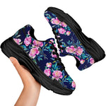 Pink Peony Floral Flower Pattern Print Black Chunky Shoes