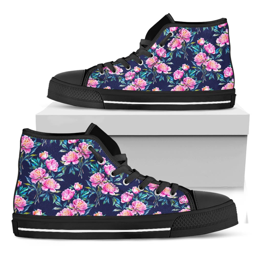Pink Peony Floral Flower Pattern Print Black High Top Sneakers