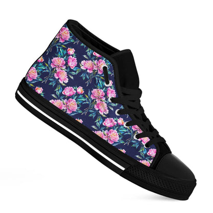 Pink Peony Floral Flower Pattern Print Black High Top Sneakers