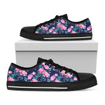 Pink Peony Floral Flower Pattern Print Black Low Top Sneakers