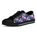 Pink Peony Floral Flower Pattern Print Black Low Top Sneakers
