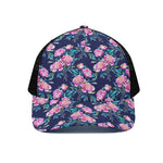 Pink Peony Floral Flower Pattern Print Black Mesh Trucker Cap