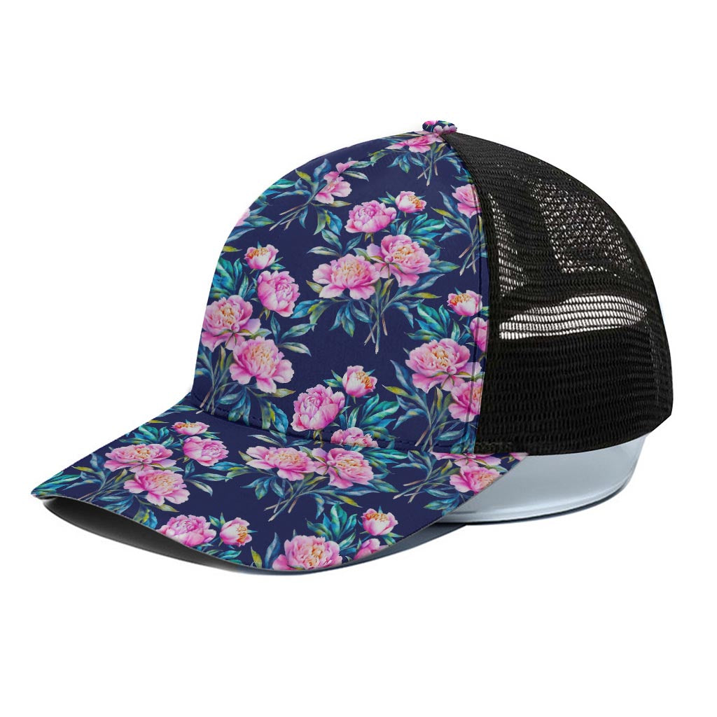 Pink Peony Floral Flower Pattern Print Black Mesh Trucker Cap
