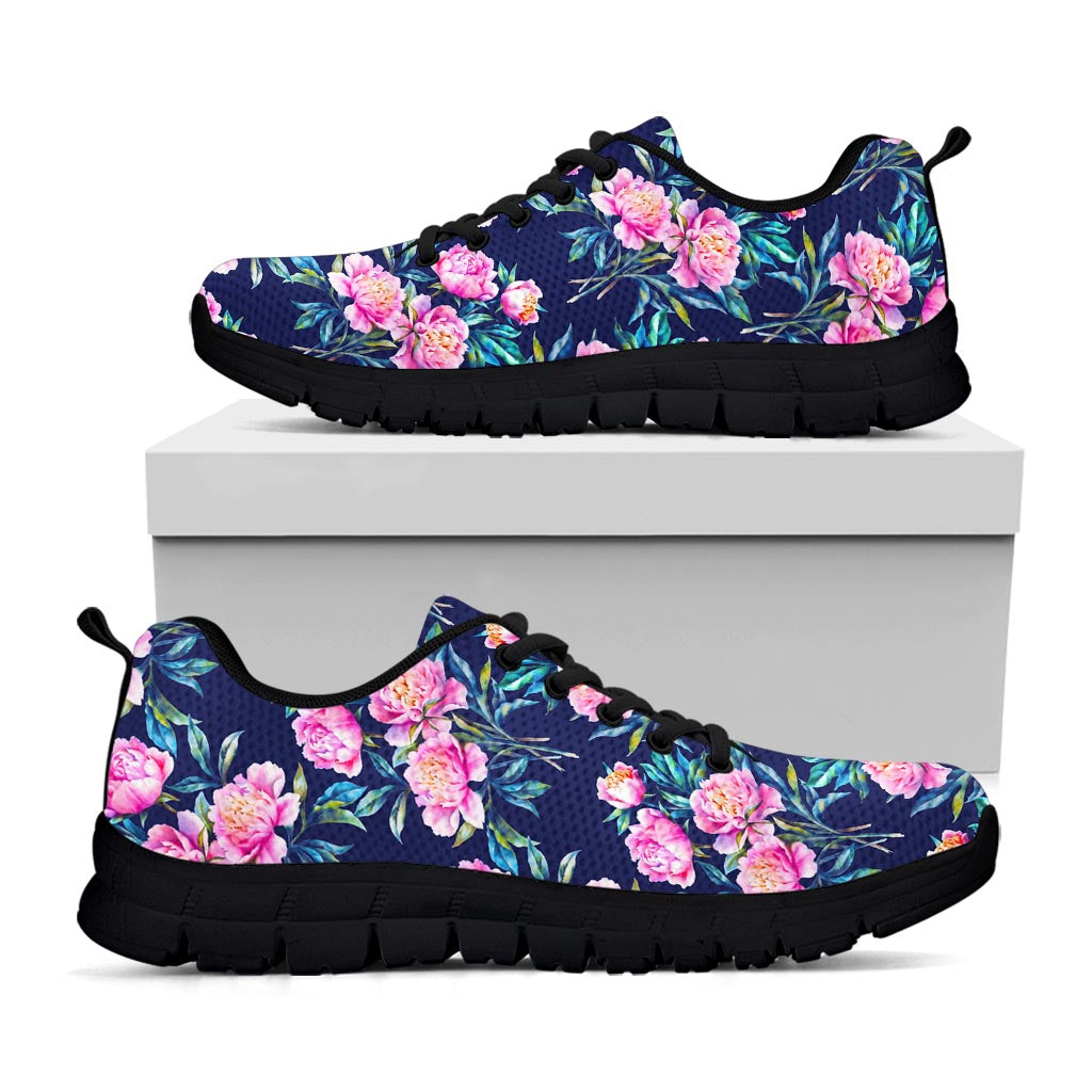 Pink Peony Floral Flower Pattern Print Black Running Shoes