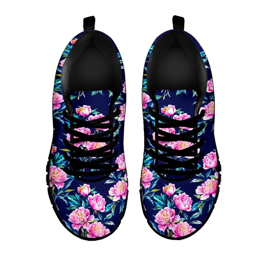 Pink Peony Floral Flower Pattern Print Black Running Shoes