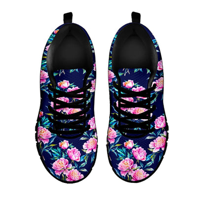 Pink Peony Floral Flower Pattern Print Black Running Shoes