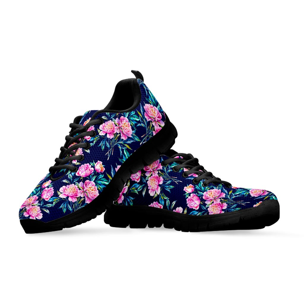 Pink Peony Floral Flower Pattern Print Black Running Shoes