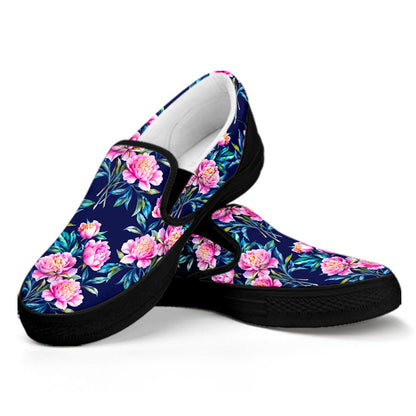 Pink Peony Floral Flower Pattern Print Black Slip On Sneakers