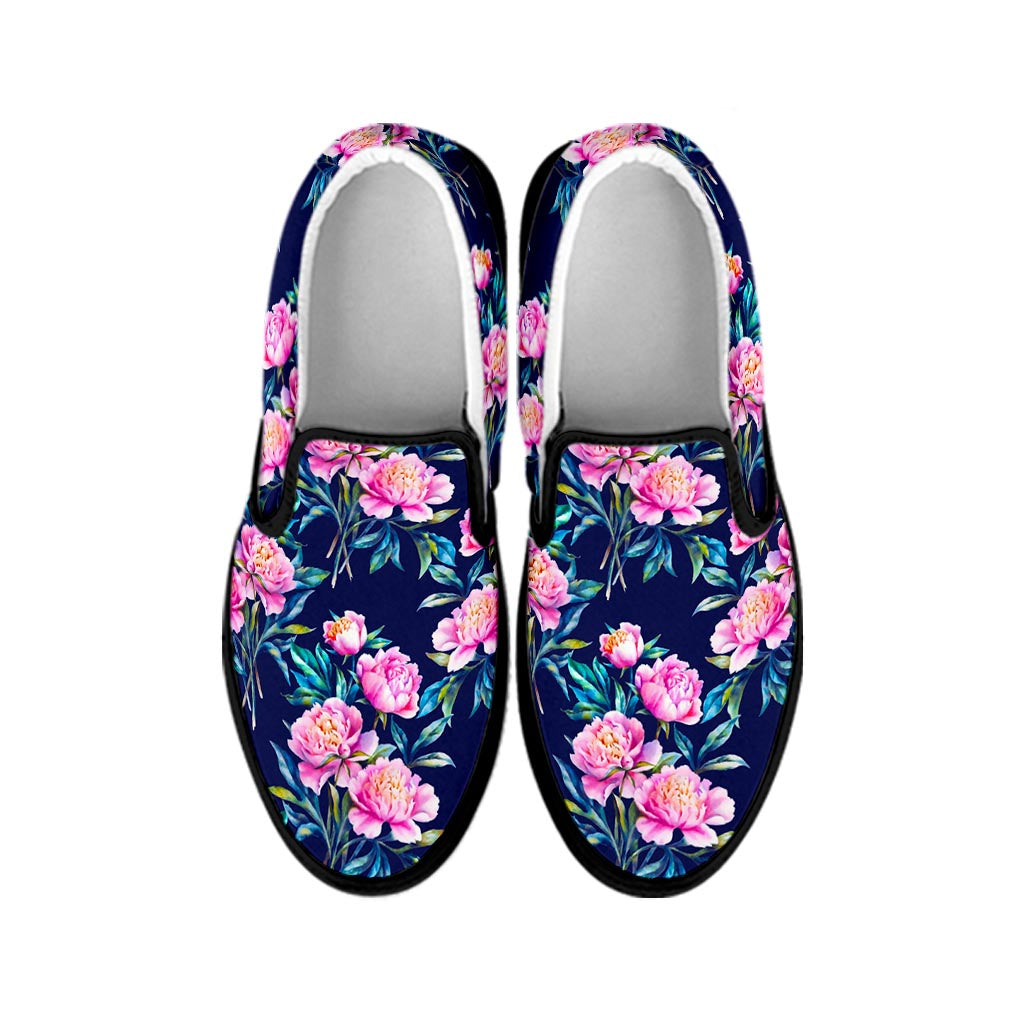 Pink Peony Floral Flower Pattern Print Black Slip On Sneakers