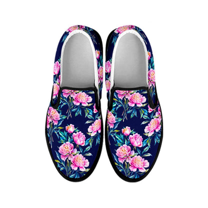 Pink Peony Floral Flower Pattern Print Black Slip On Sneakers