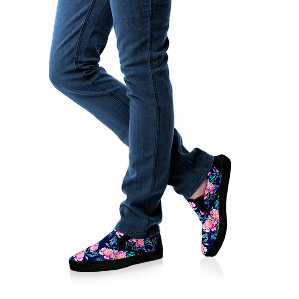 Pink Peony Floral Flower Pattern Print Black Slip On Sneakers