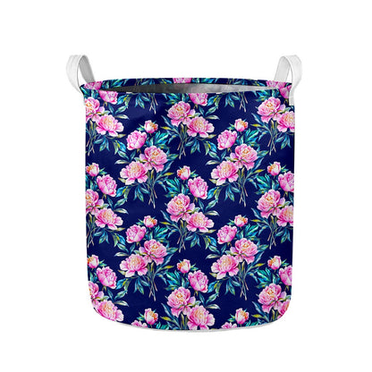 Pink Peony Floral Flower Pattern Print Collapsible Laundry Basket