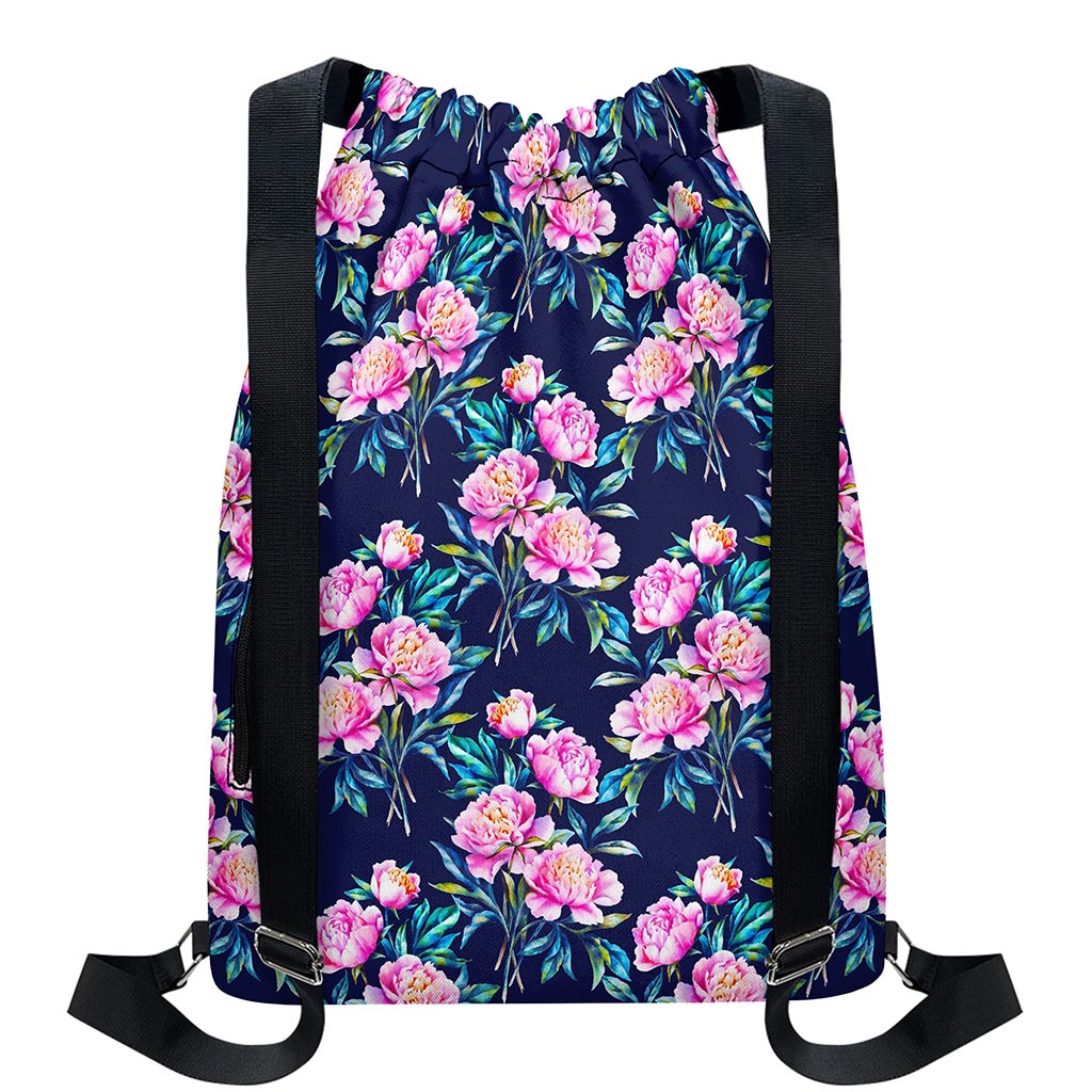 Pink Peony Floral Flower Pattern Print Drawstring Backpack