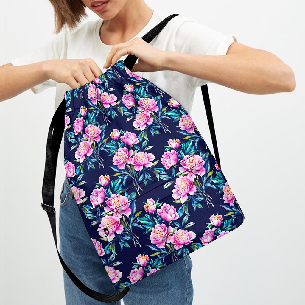 Pink Peony Floral Flower Pattern Print Drawstring Backpack