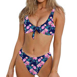 Pink Peony Floral Flower Pattern Print Front Bow Tie Bikini
