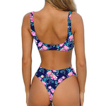 Pink Peony Floral Flower Pattern Print Front Bow Tie Bikini