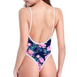 Pink Peony Floral Flower Pattern Print High Cut One Piece Swimsuit