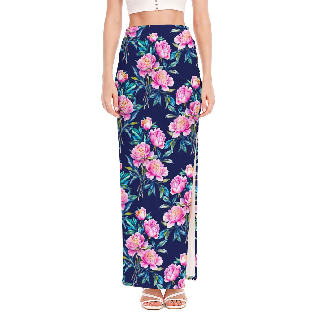 Pink Peony Floral Flower Pattern Print High Slit Maxi Skirt