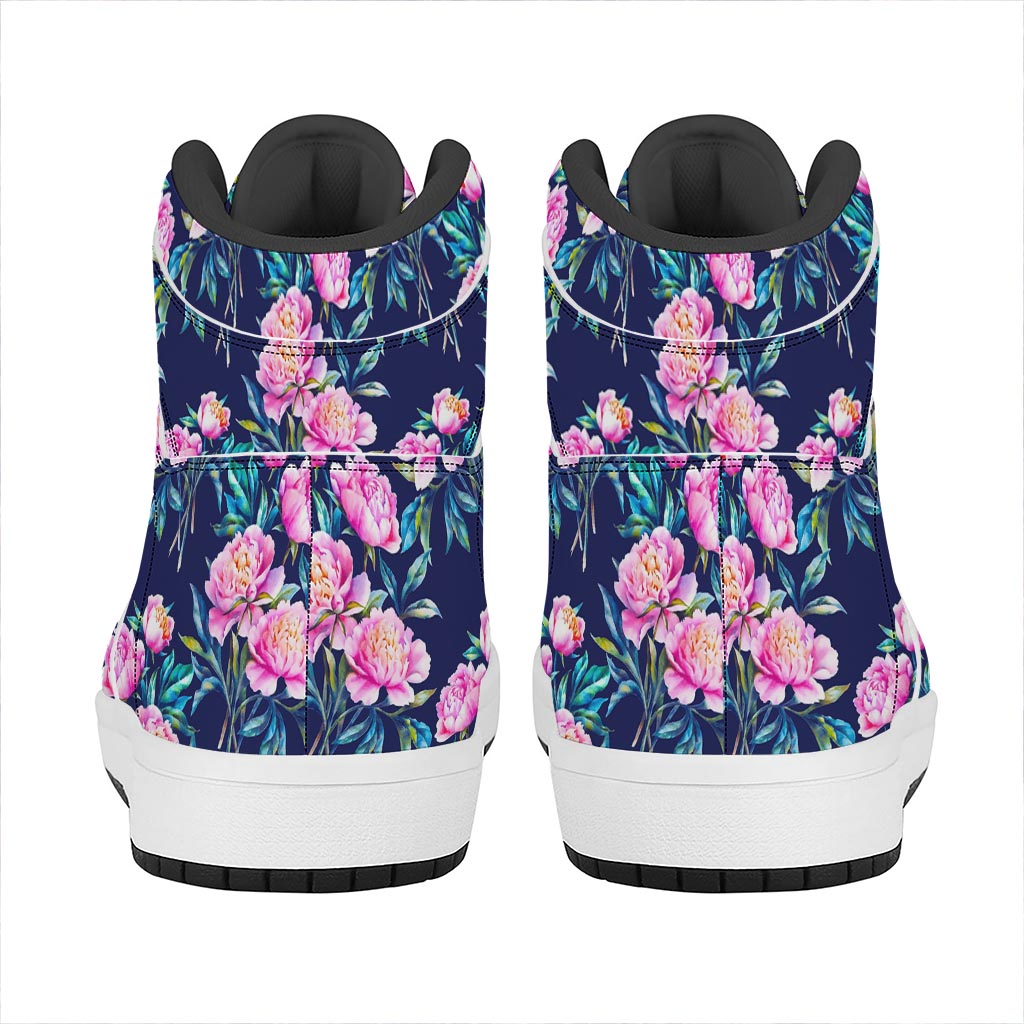Pink Peony Floral Flower Pattern Print High Top Leather Sneakers