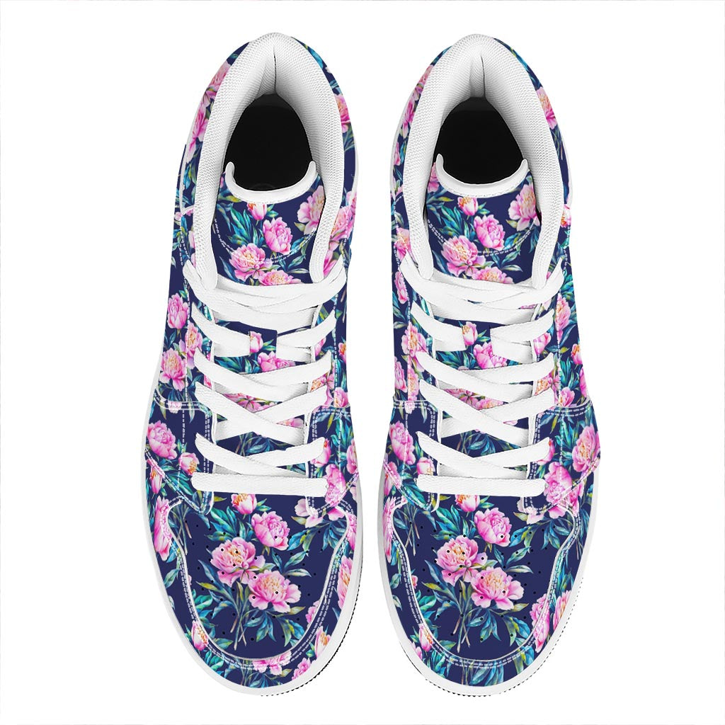 Pink Peony Floral Flower Pattern Print High Top Leather Sneakers