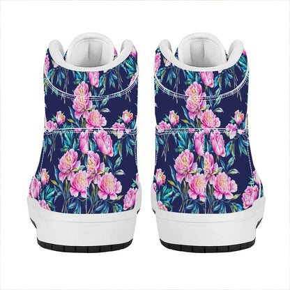 Pink Peony Floral Flower Pattern Print High Top Leather Sneakers