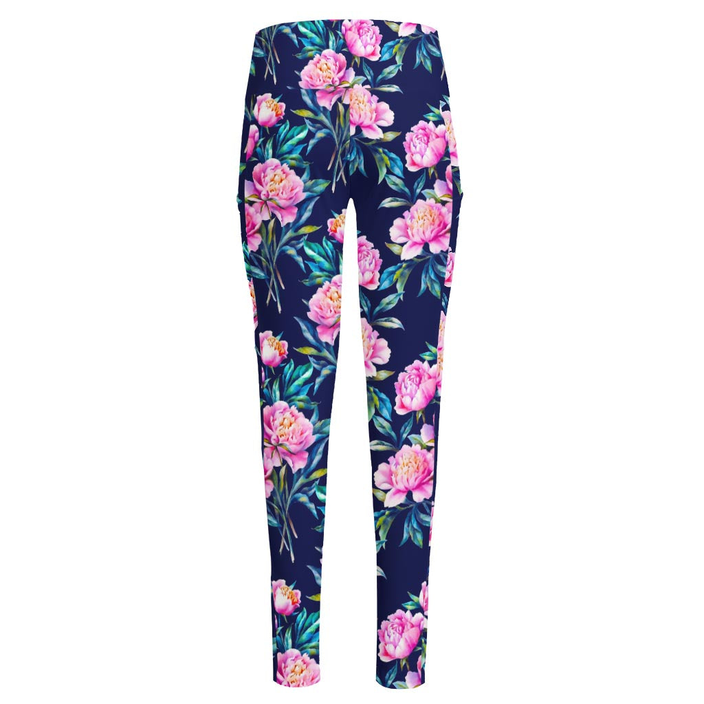Pink Peony Floral Flower Pattern Print High-Waisted Pocket Leggings