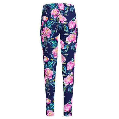 Pink Peony Floral Flower Pattern Print High-Waisted Pocket Leggings