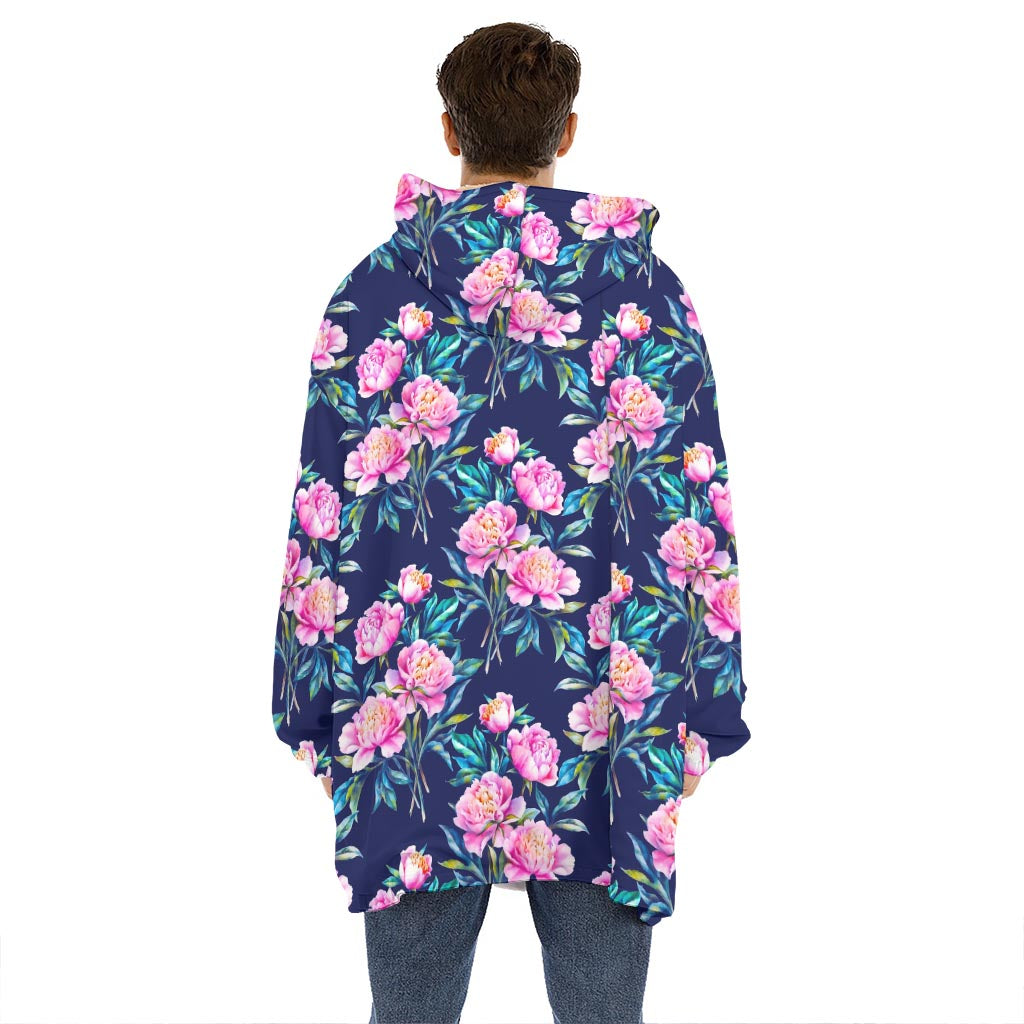 Pink Peony Floral Flower Pattern Print Hoodie Blanket