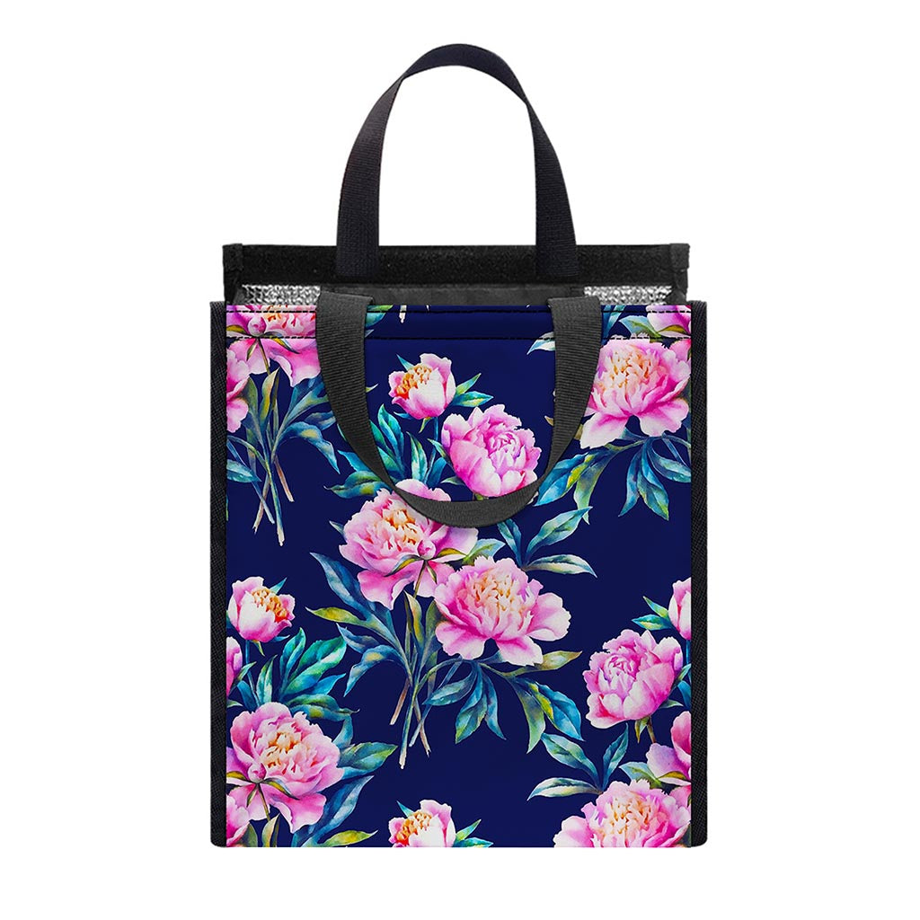 Pink Peony Floral Flower Pattern Print Insulated Lunch Tote