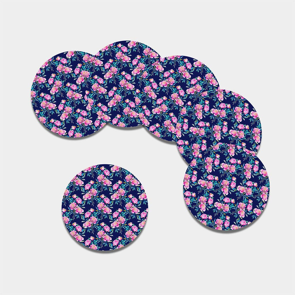 Pink Peony Floral Flower Pattern Print Leather Coaster Set