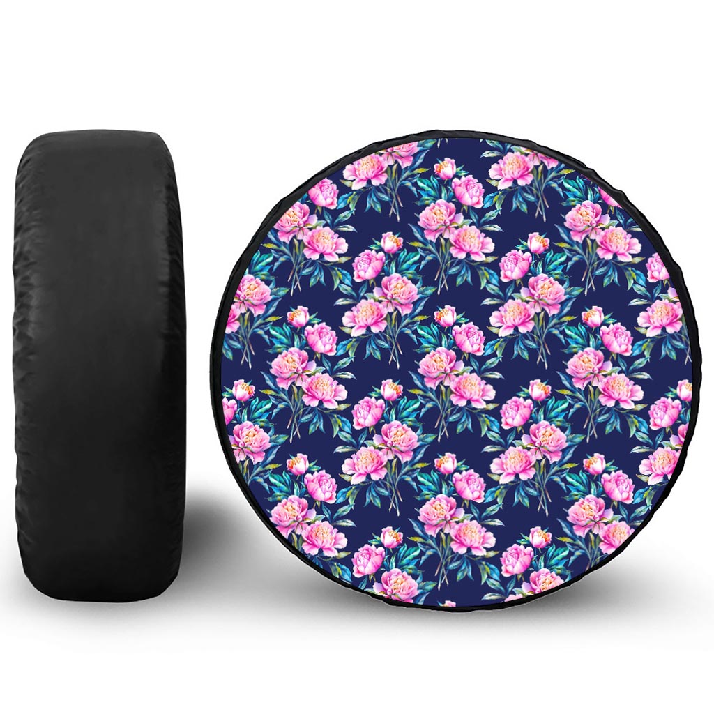 Pink Peony Floral Flower Pattern Print Leather Spare Tire Cover