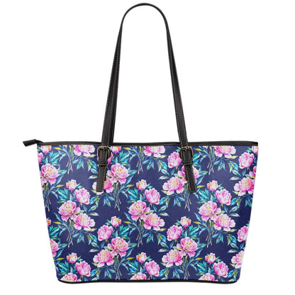 Pink Peony Floral Flower Pattern Print Leather Tote Bag